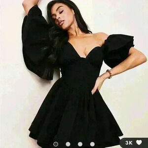 ASOS LUXE one shoulder cotton dress/corset detail & ruffles in black Size 6
